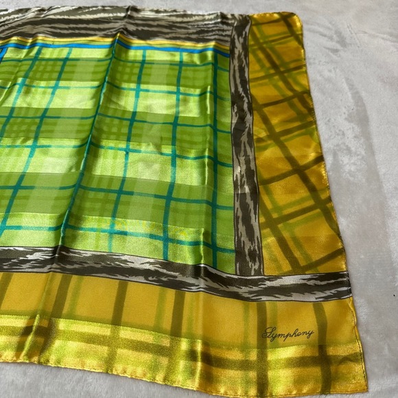 Symphony Vintage Square Scarf Green Yellow Plaid Zebra Print Satin Neckerchief - Picture 3 of 5